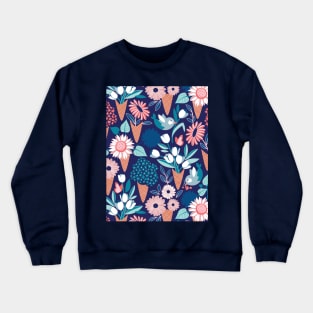 Midsummer I scream flower cones // pattern // navy blue background pink coral and aqua and teal flowers bouquets Crewneck Sweatshirt